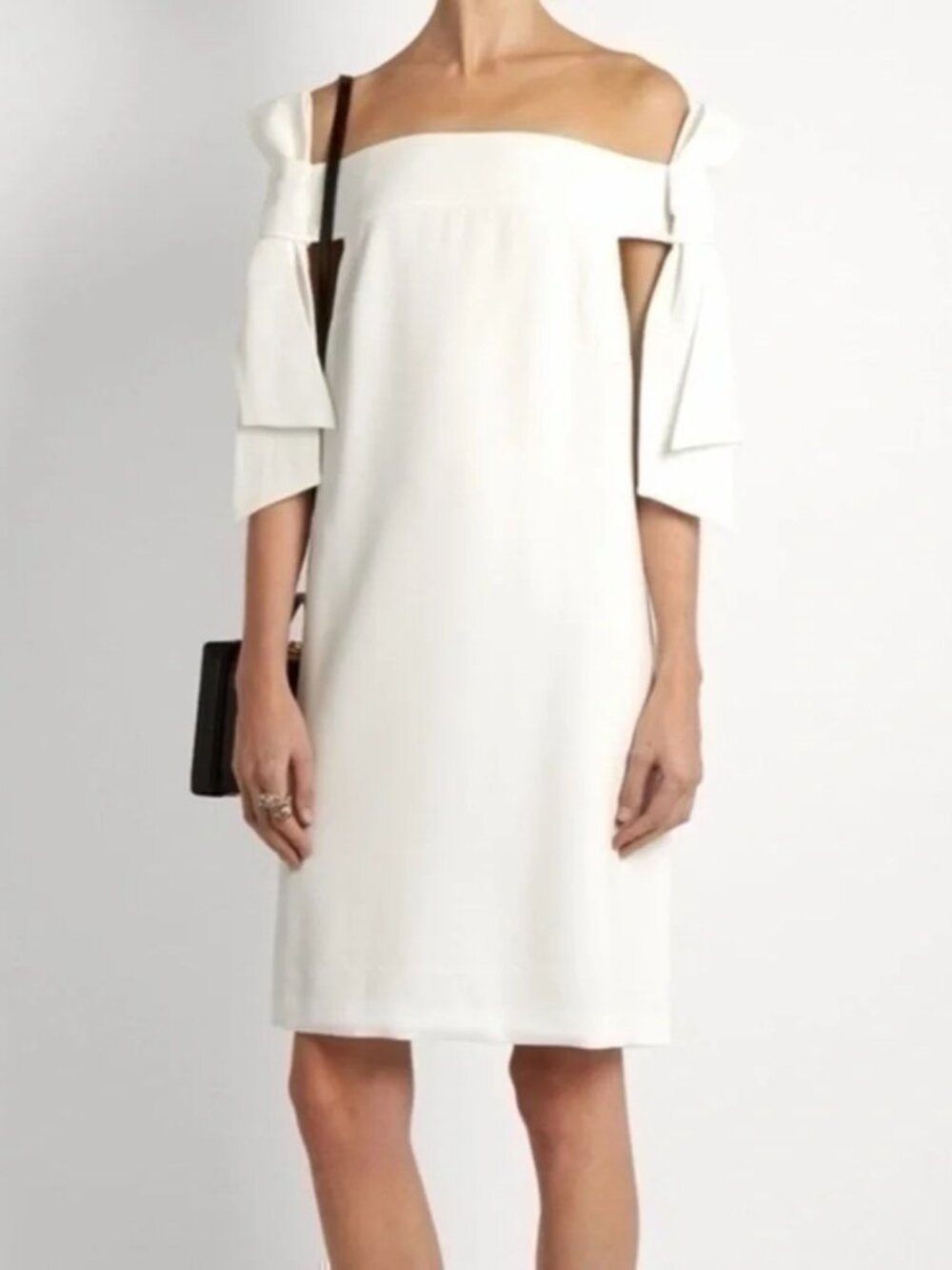 Tibi White Crepe Off Shoulder Bow Shift Dress Size 4